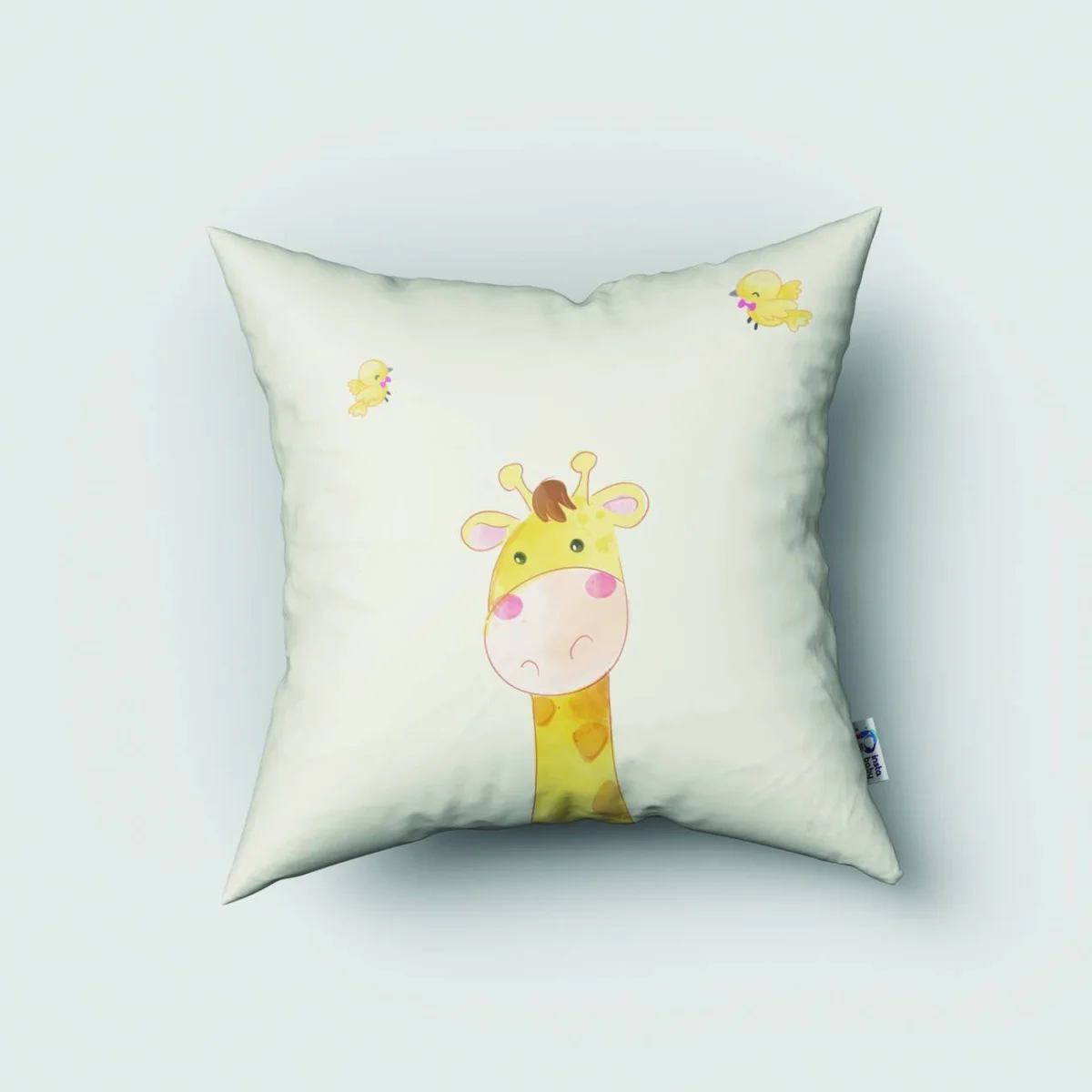 Orman Hayvanları Kırlent Kılıfı | Beyaz küçük kuşlar, yapraklar Desenli