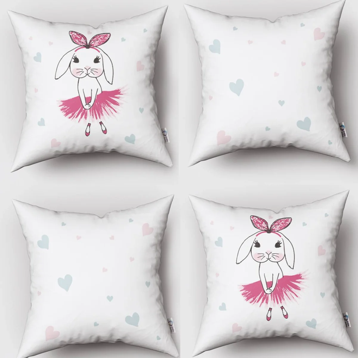 Balerin Tavşan 4lü Kırlent | Beyaz Pembe ve mavi kalpler Desenli