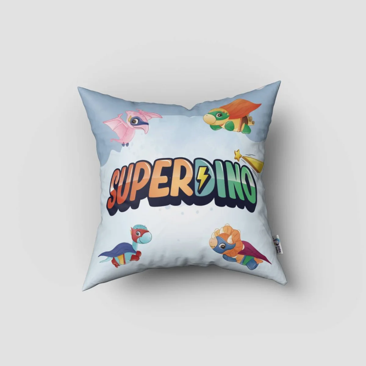 Süper Kahraman Dinozorlar Kırlent Kılıfı | Mavi şehir silüetleri, ay Desenli