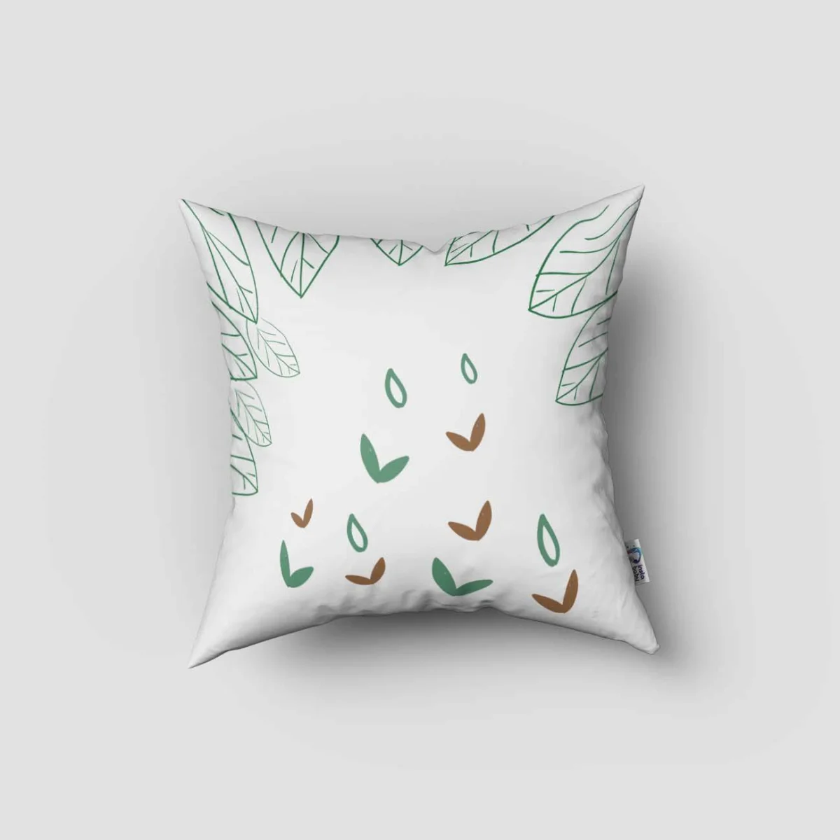 Aslan Kırlent Kılıfı | Beyaz Yeşil yapraklar, küçük kahverengi ve yeşil yapraklar Desenli