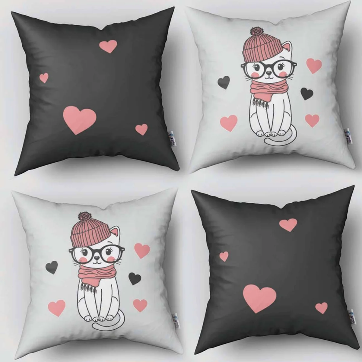 Kedi 4lü Kırlent | Beyaz Kalpler, Girls Rule yazısı Desenli