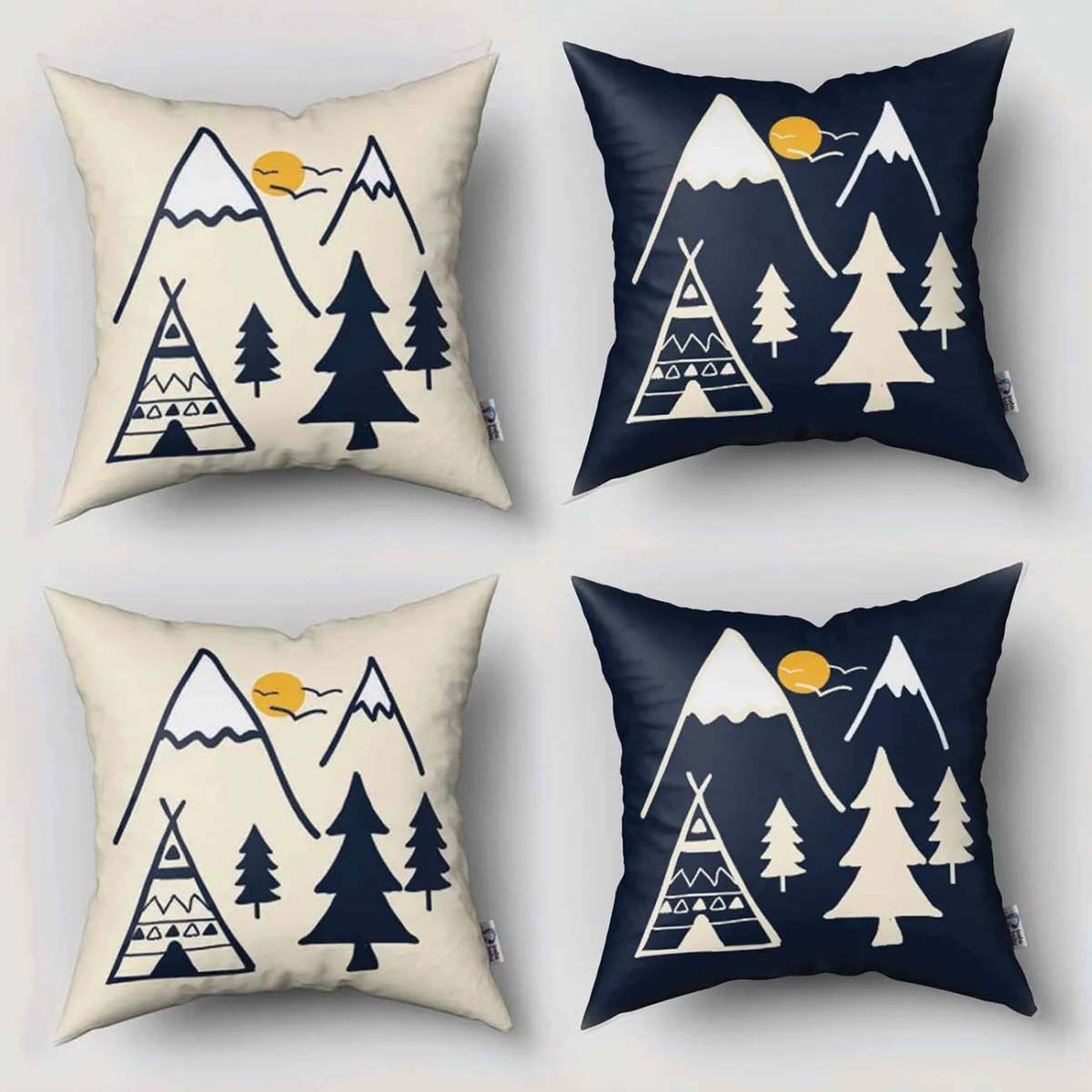 Doğa ve Macera 4lü Kırlent | Krem Dağlar, güneş Desenli