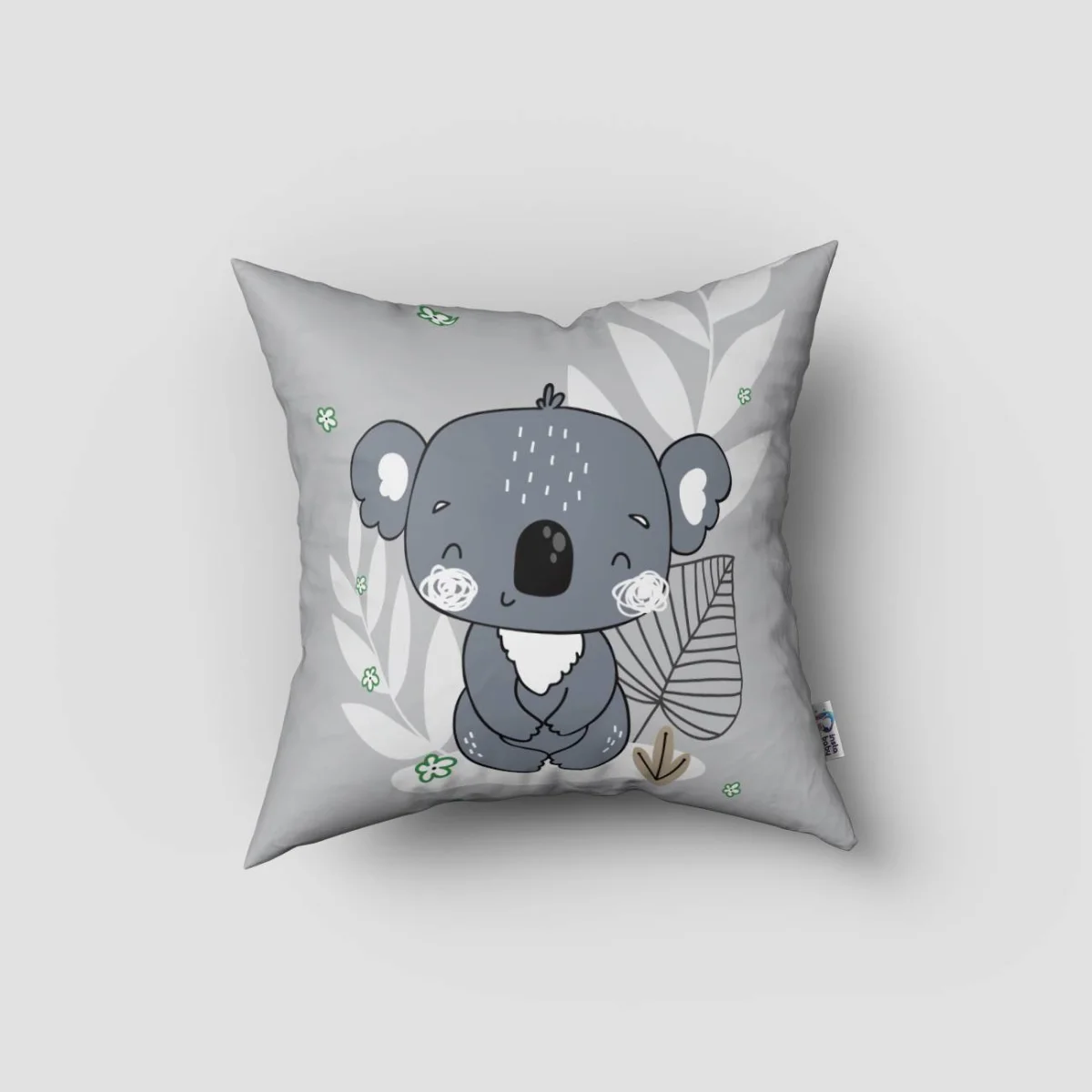 Koala Kırlent Kılıfı | Gri Yapraklar, küçük yeşil çiçekler Desenli