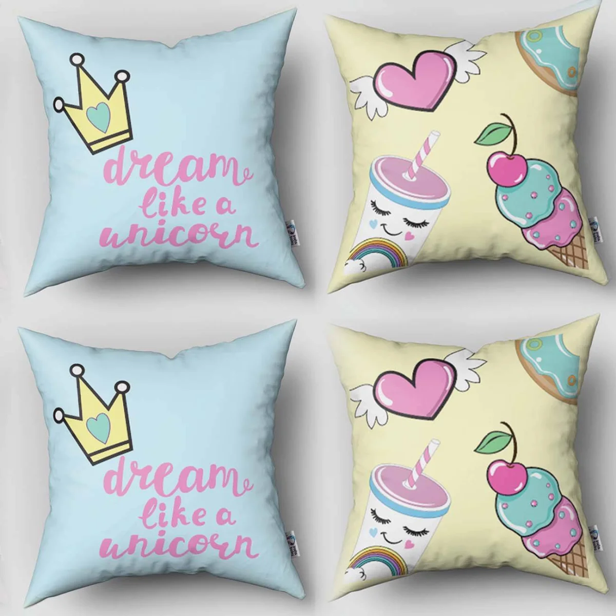 Unicorn 4lü Kırlent | Mavi gökkuşağı, bulutlar Desenli