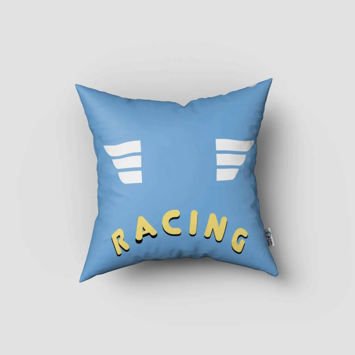 Yarış Arabası Kırlent Kılıfı | Mavi yarış bayrakları, kanatlı yazı Desenli