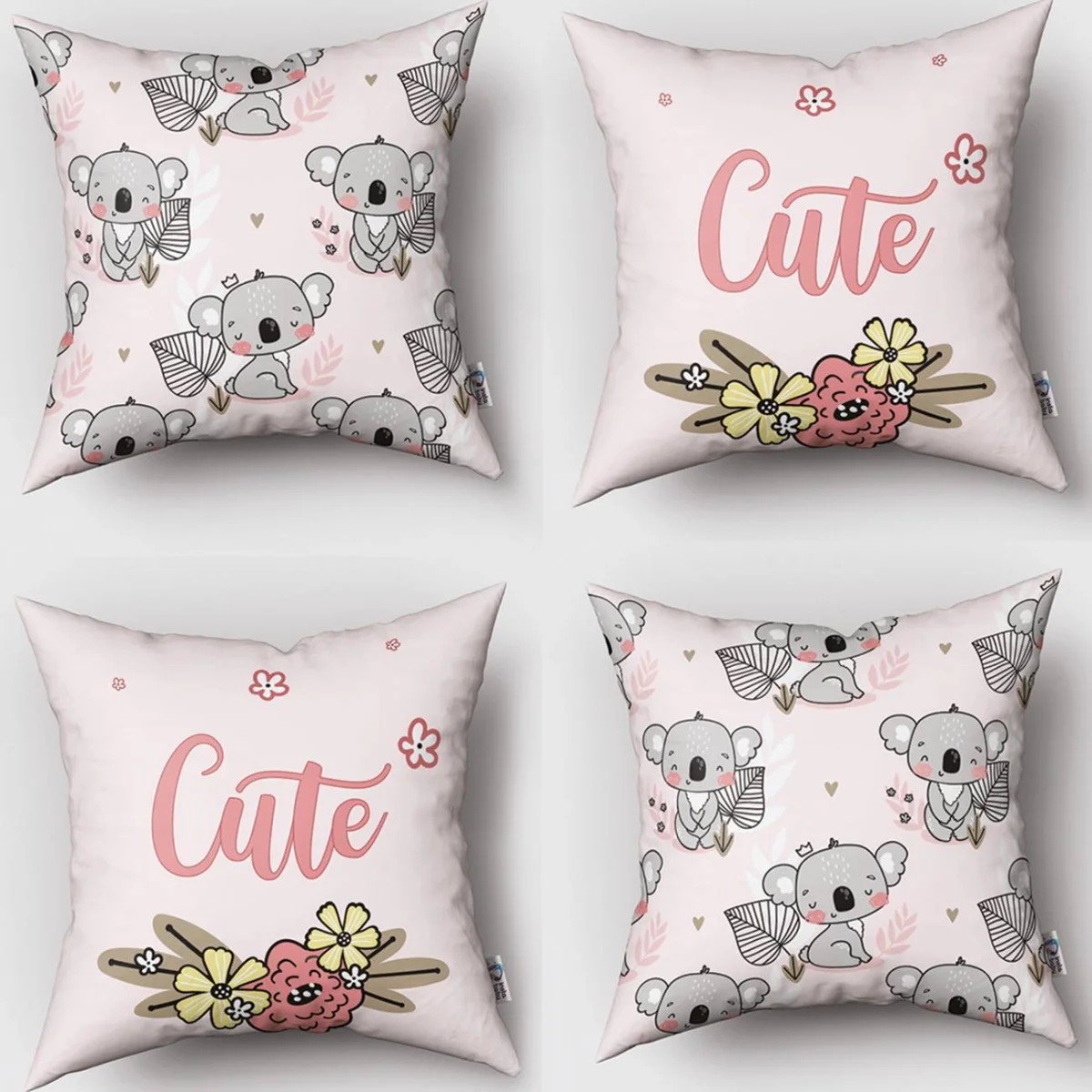 Koala 4lü Kırlent | Pembe çiçekler, yapraklar Desenli