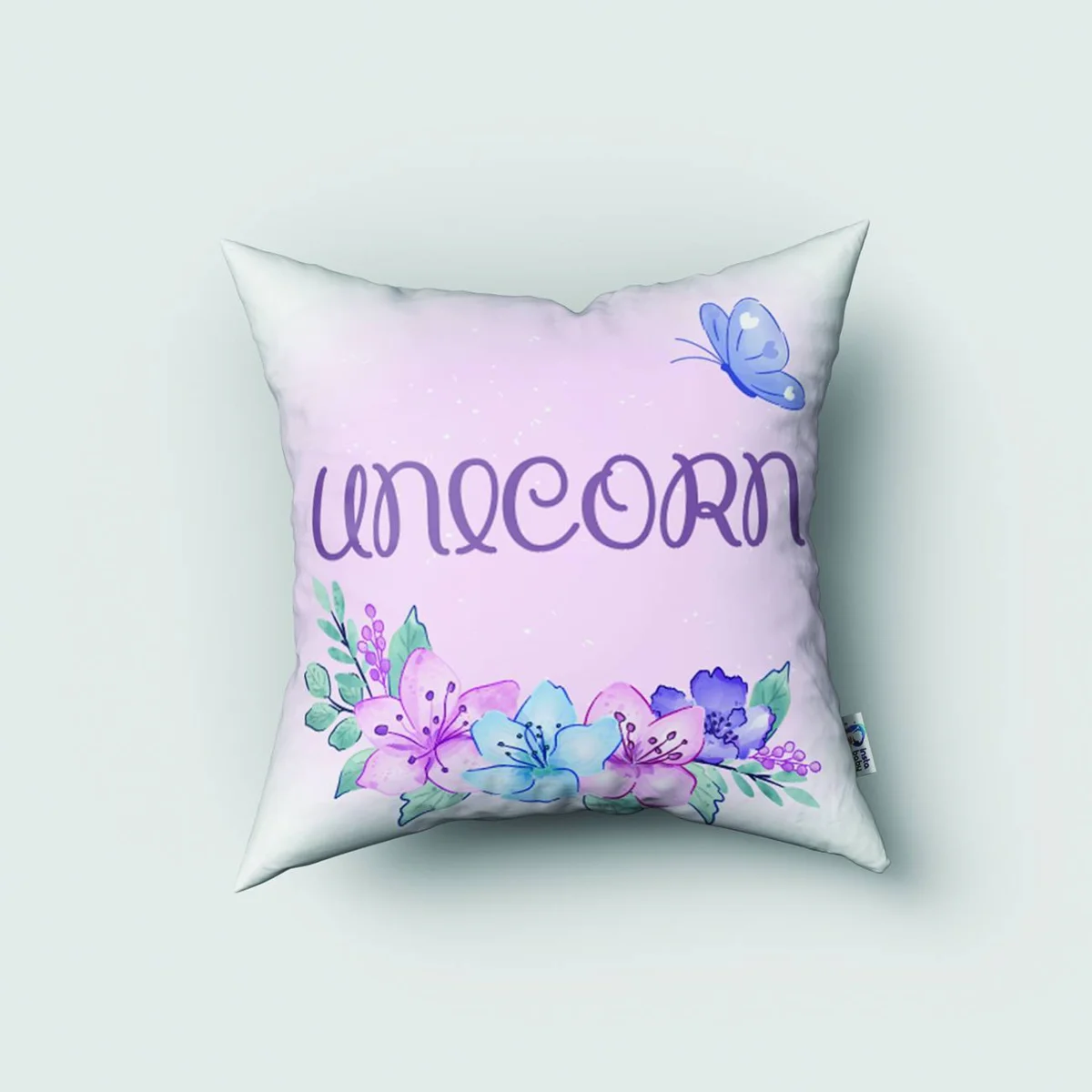 Unicorn Kırlent Kılıfı | Pembe çiçekler, kelebekler Desenli