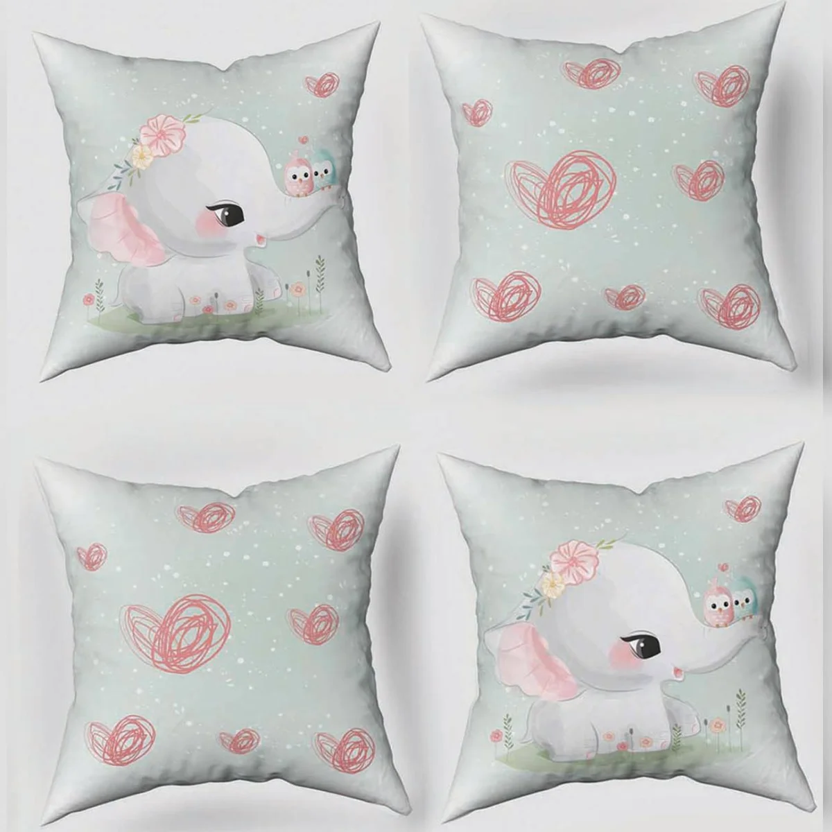 Sevimli Fil 4lü Kırlent | Açık Yeşil Kalpler, kuşlar Desenli