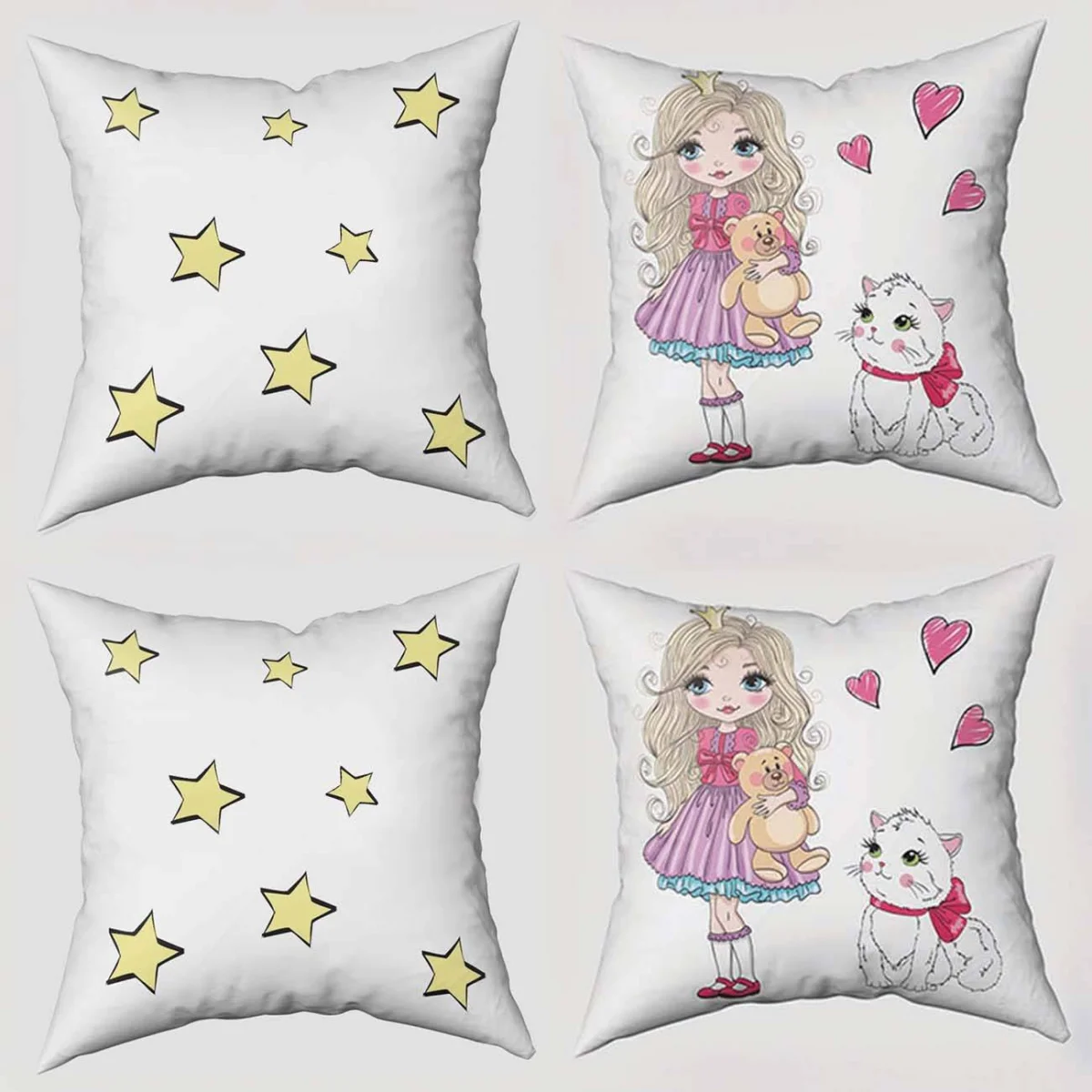 Prenses 4lü Kırlent | Beyaz yıldızlar, kalpler Desenli