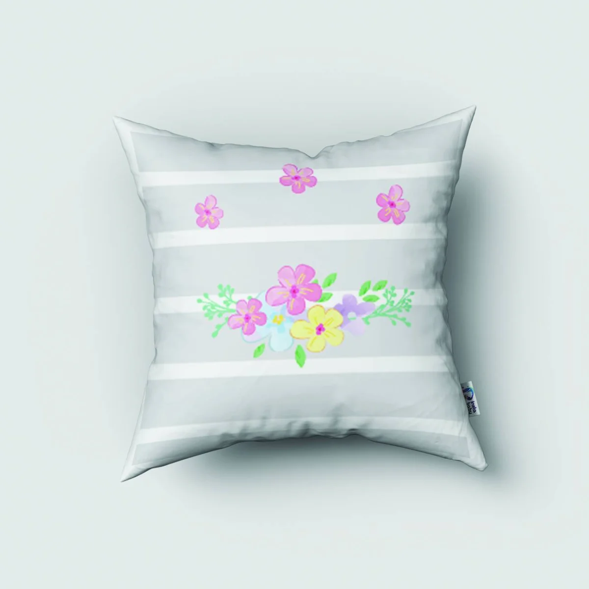 Zebra Kırlent Kılıfı | Gri Çizgili zemin, renkli çiçekler Desenli