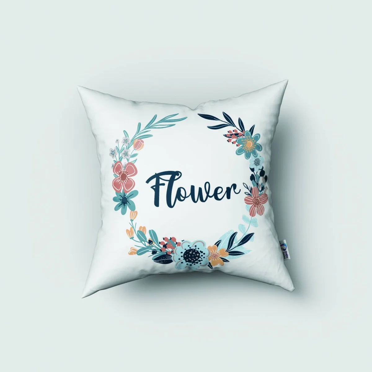 Çiçekler Kırlent Kılıfı | Beyaz çiçek çelenkleri, yapraklar Desenli