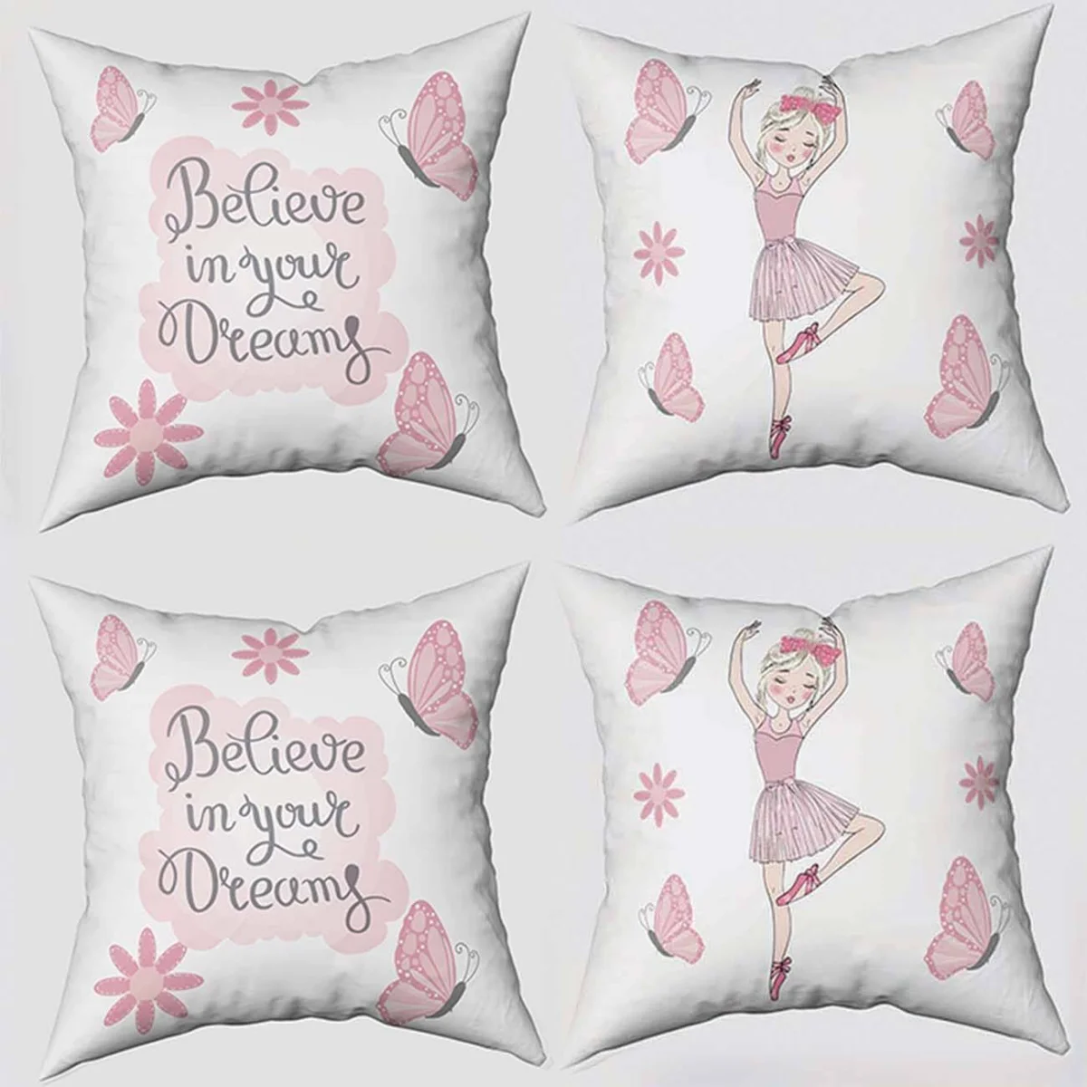 Baletin 4lü Kırlent | Beyaz kelebek, çiçek Desenli