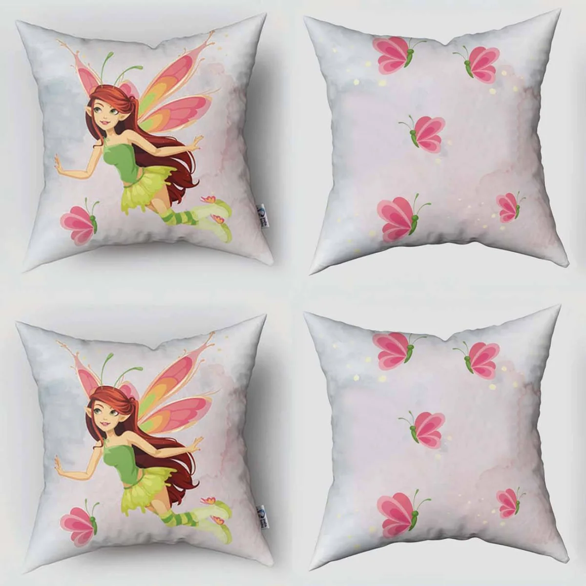 Peri 4lü Kırlent | Açık Gri Kelebekler, suluboya efektli Desenli