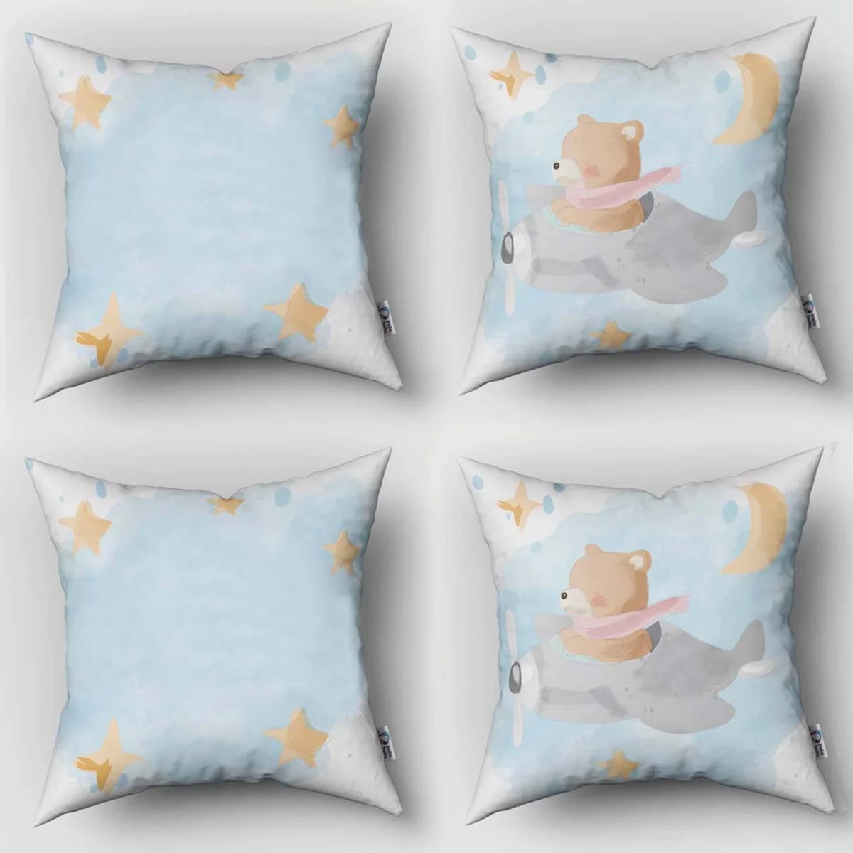 Ayı, uçak 4lü Kırlent | Mavi yıldız, ay Desenli