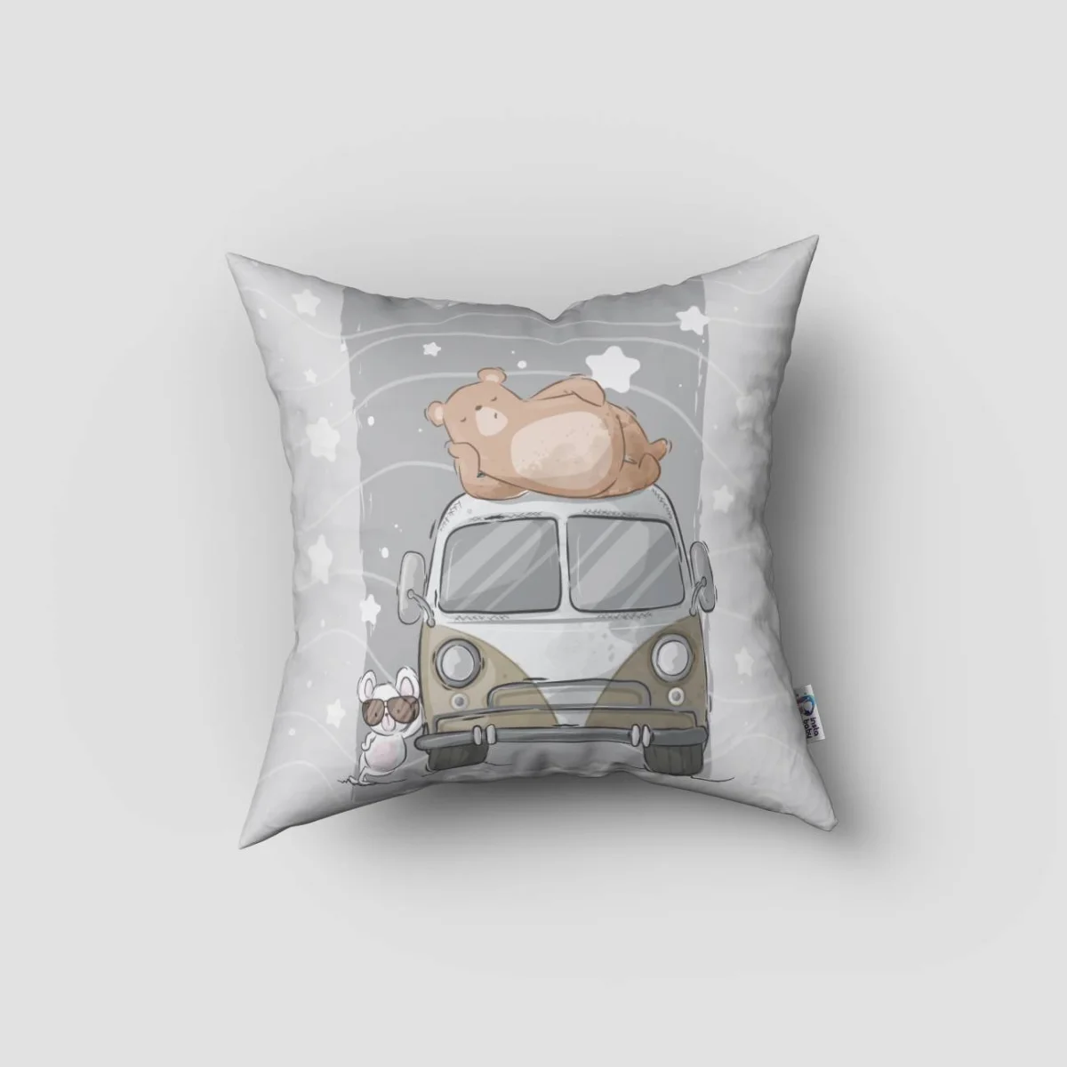 Ayı ve Fare Karakterleri, Karavan Kırlent Kılıfı | Açık Mavi yıldızlar, dalgalı çizgiler Desenli