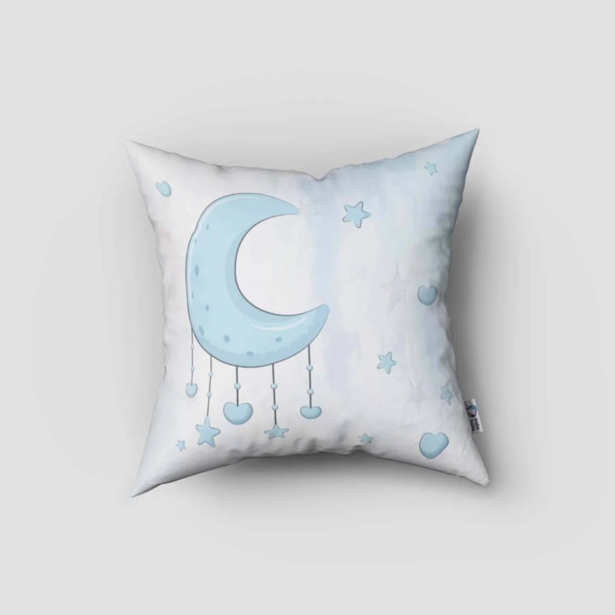 Fil, Ay ve Yıldızlar Kırlent Kılıfı | Beyaz yıldız, ay Desenli