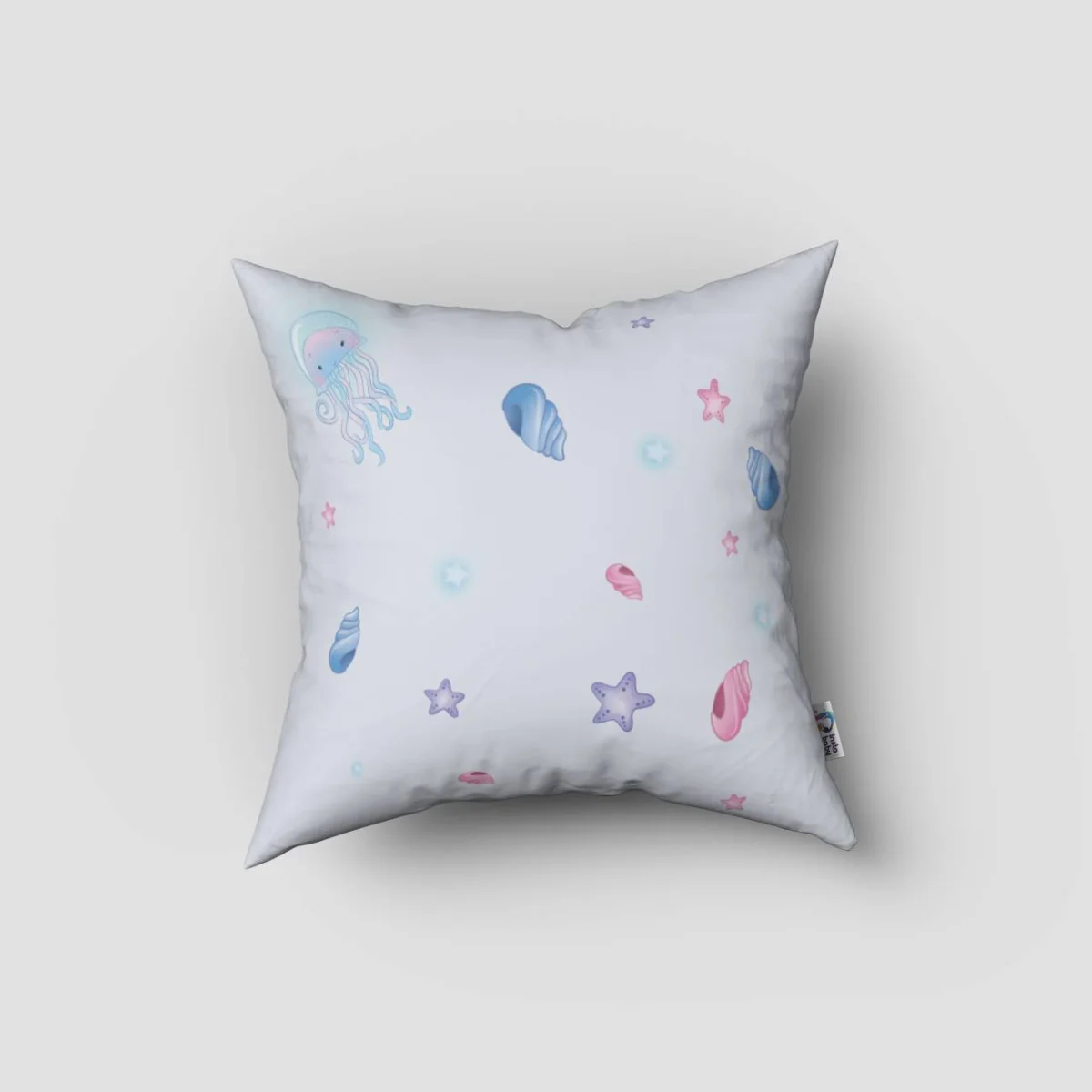 Deniz Kızı Kırlent Kılıfı | Açık Mavi yıldız, deniz kabuğu Desenli