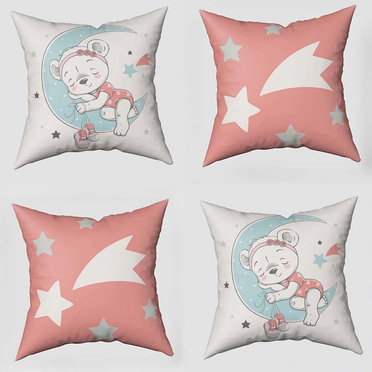 Ayda uyuyan ayı 4lü Kırlent | Beyaz yıldızlar, ay Desenli