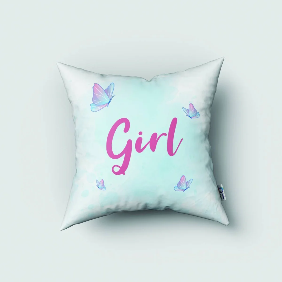 Küçük Kız Kırlent Kılıfı | Mavi kelebekler, yazılar Desenli