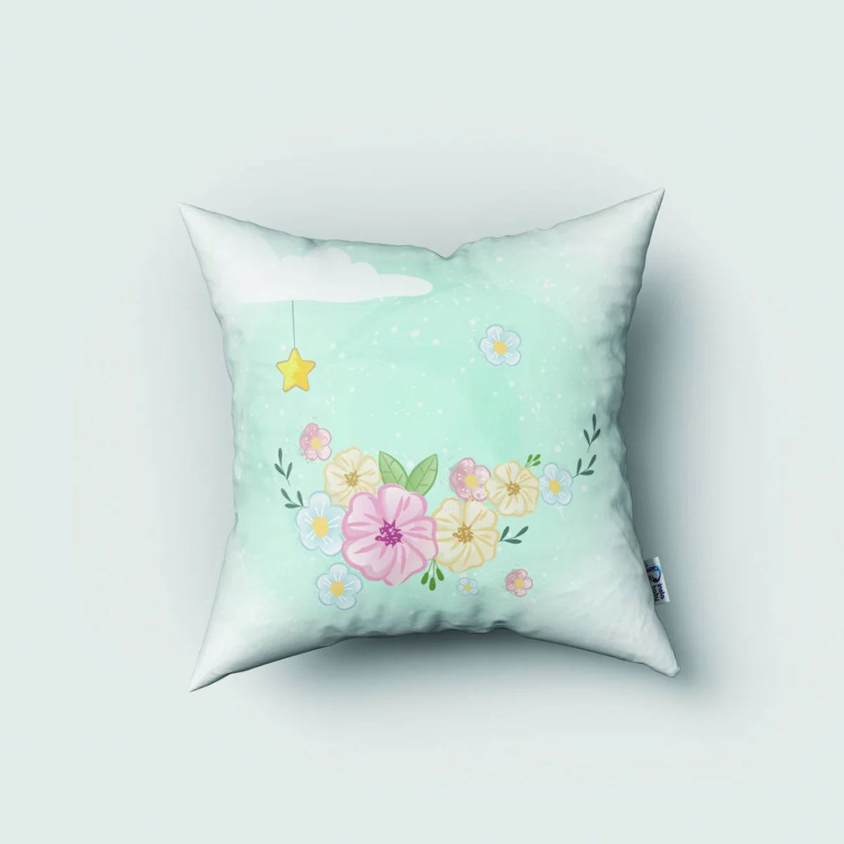 Unicorn Kırlent Kılıfı | Mavi sıcak hava balonu, bulut Desenli