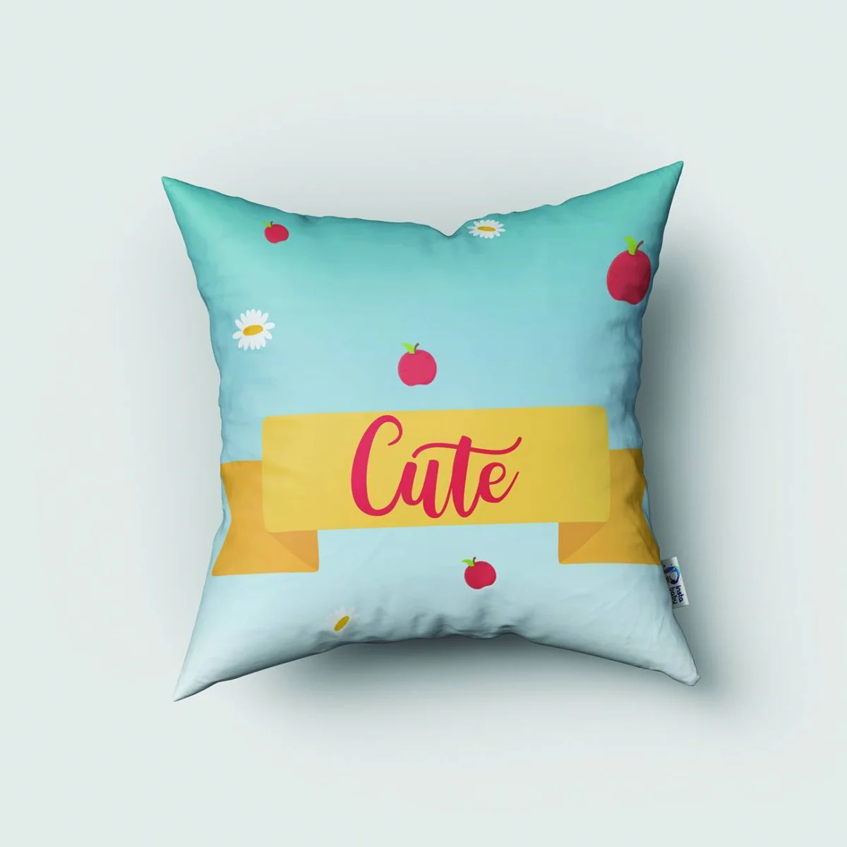 Kırmızı Başlıklı Kız ve Tilki Kırlent Kılıfı | Mavi elmalar, papatyalar Desenli