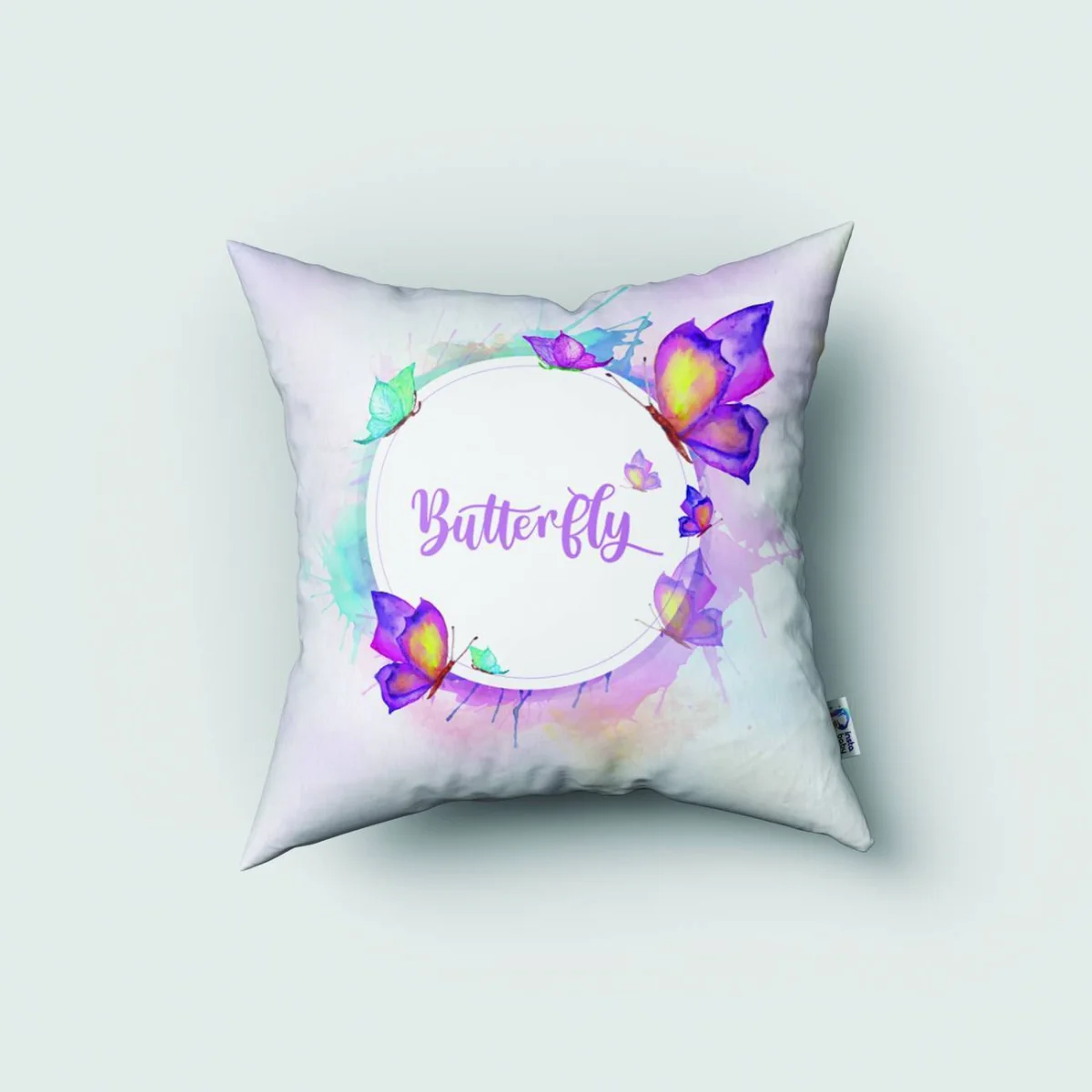 Kelebek Kırlent Kılıfı | Beyaz farklı renklerde kelebekler, sulu boya sıçramaları Desenli