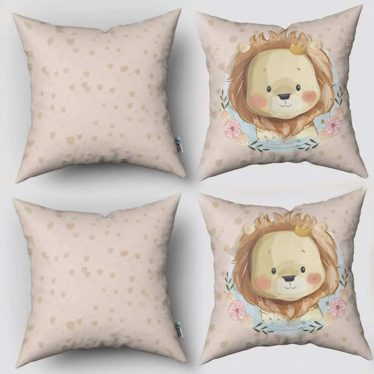 Orman Hayvanları 4lü Kırlent | Bej kalpler, çiçekler Desenli