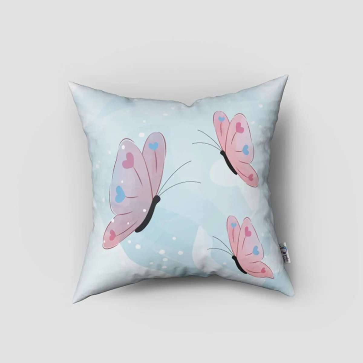 Dinozor Kırlent Kılıfı | Mavi kelebekler, çiçekler Desenli