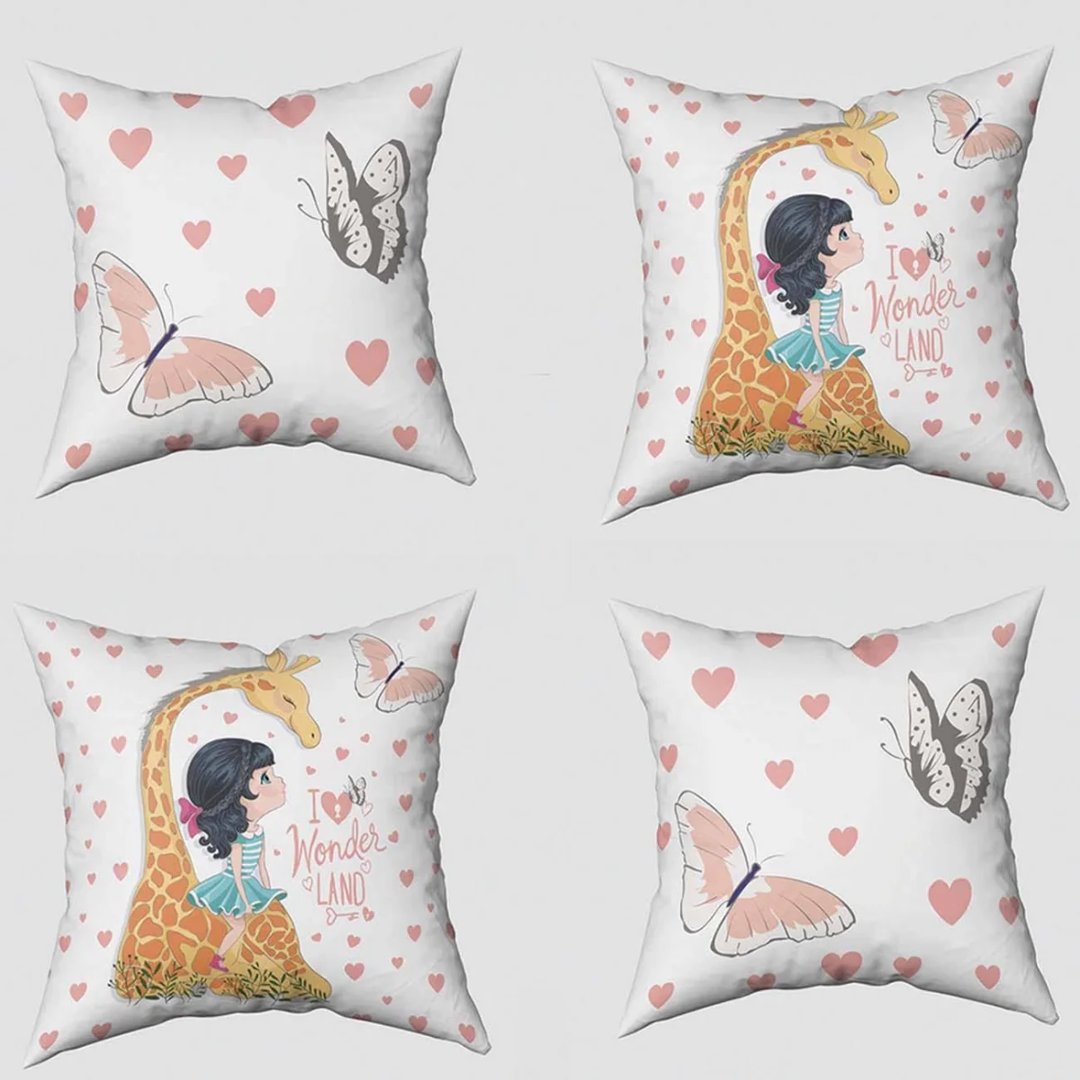 Kız ve Zürafa 4lü Kırlent | Beyaz Kalpler, kelebekler Desenli