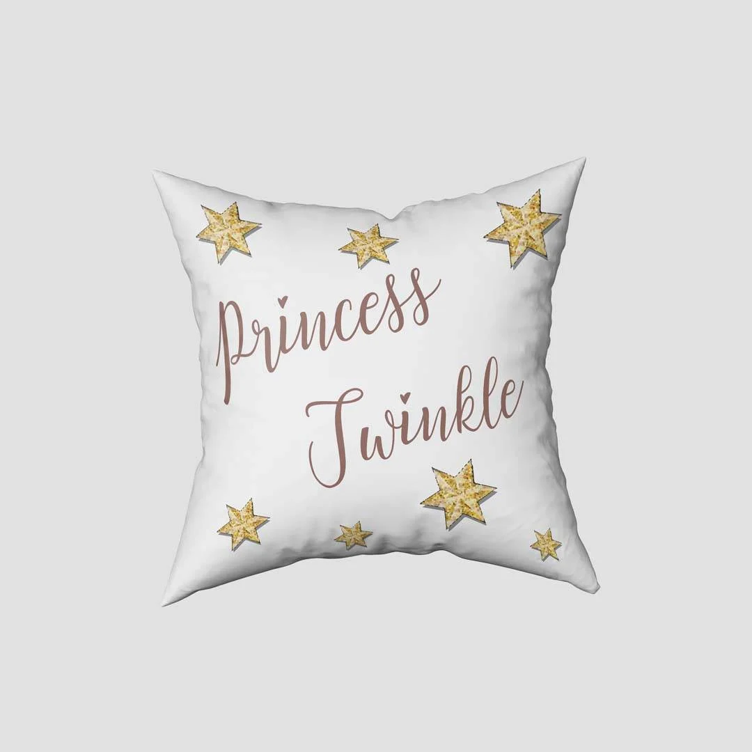 Prenses ve Flamingo Kırlent Kılıfı | Beyaz Yıldızlar, Princess Twinkle yazısı Desenli