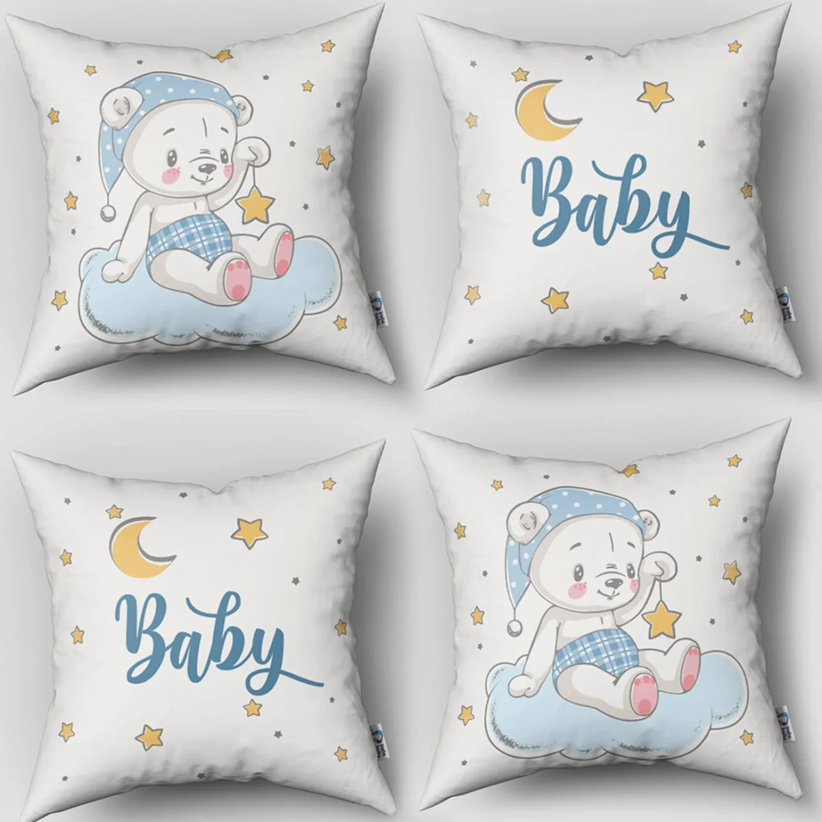 Ayı 4lü Kırlent | Beyaz yıldızlar, bulut Desenli