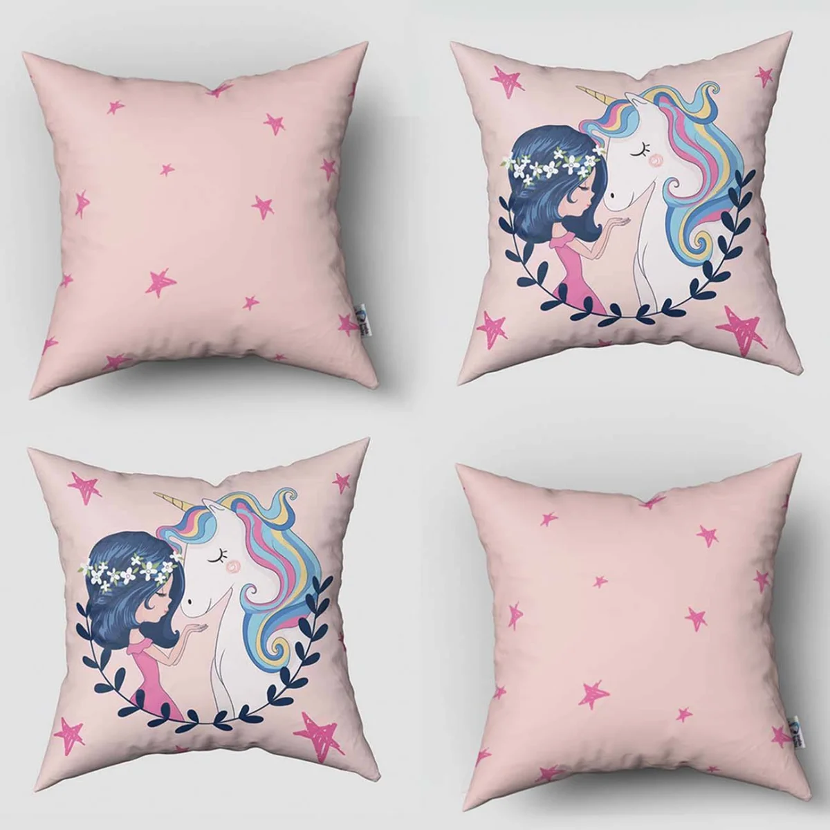 Unicorn 4lü Kırlent | Pembe yıldız, çiçekler Desenli
