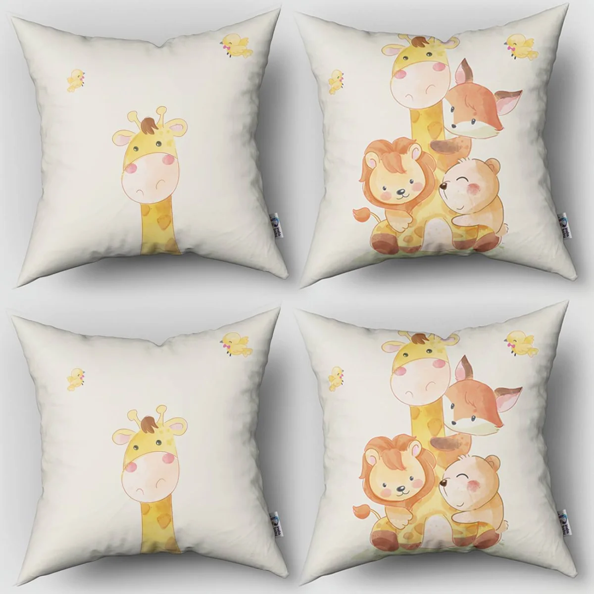 Orman Hayvanları 4lü Kırlent | Beyaz küçük kuşlar, yapraklar Desenli