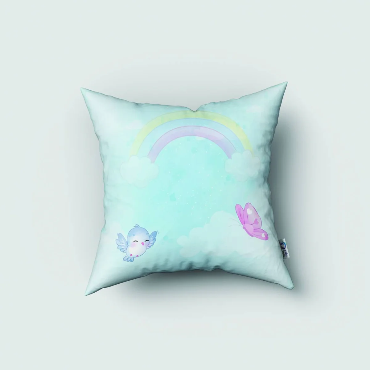 Orman Hayvanları Kırlent Kılıfı | Mavi gökkuşağı, bulutlar Desenli