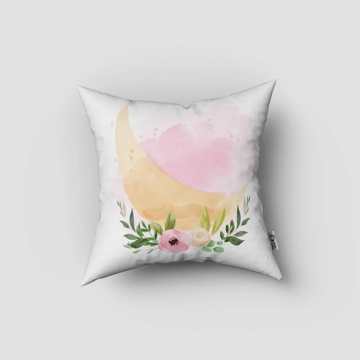 Fil, ay Kırlent Kılıfı | Beyaz pembe fiyonk, ay Desenli