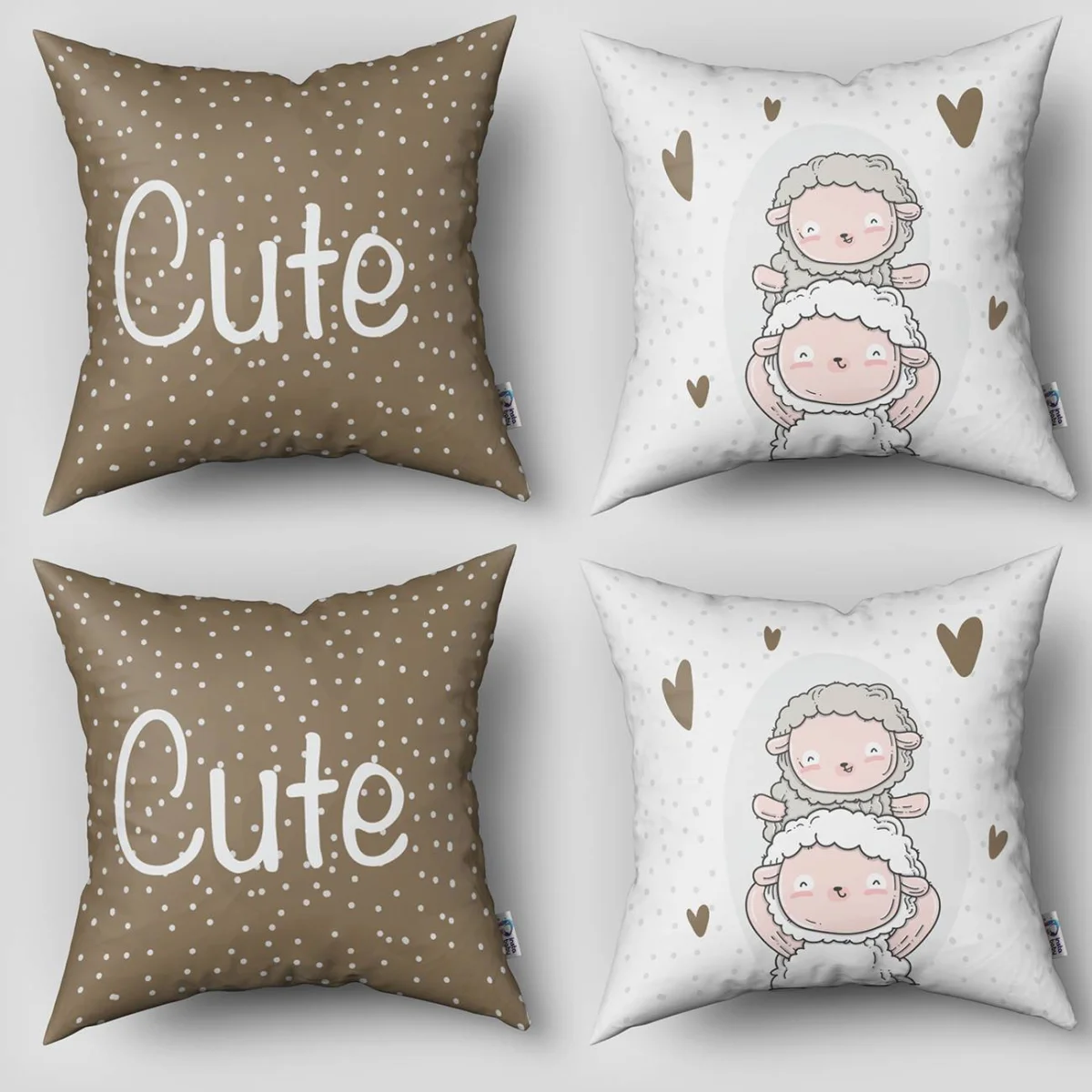 Koyunlar 4lü Kırlent | Beyaz puantiye, kalp Desenli