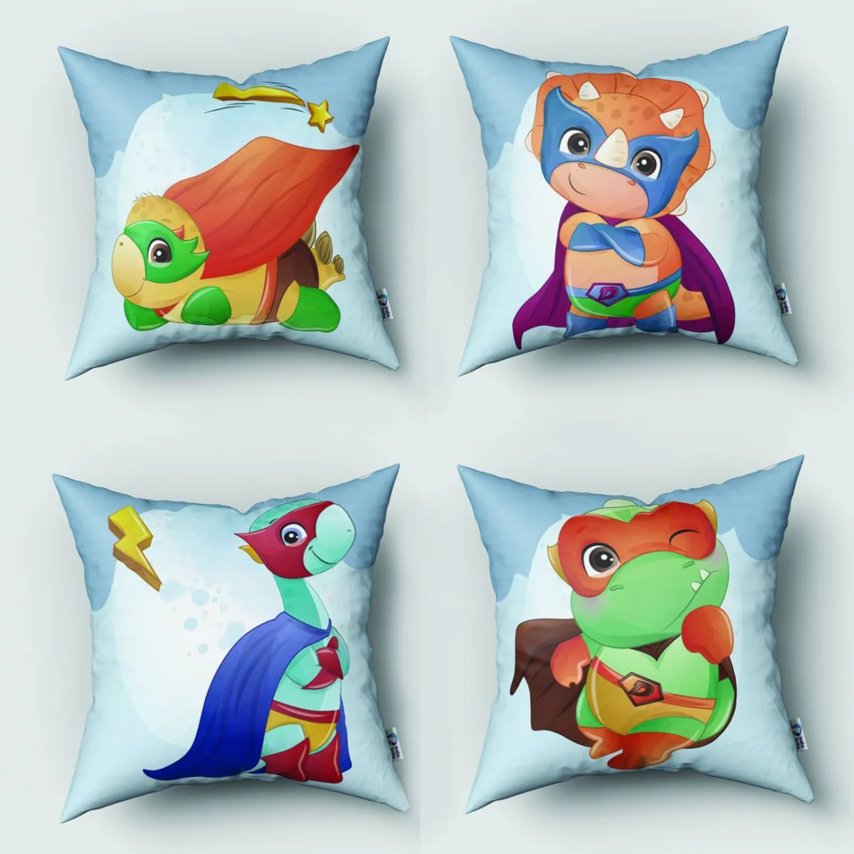 Süper Kahraman Dinozorlar 4lü Kırlent | Mavi şehir silüetleri, ay Desenli