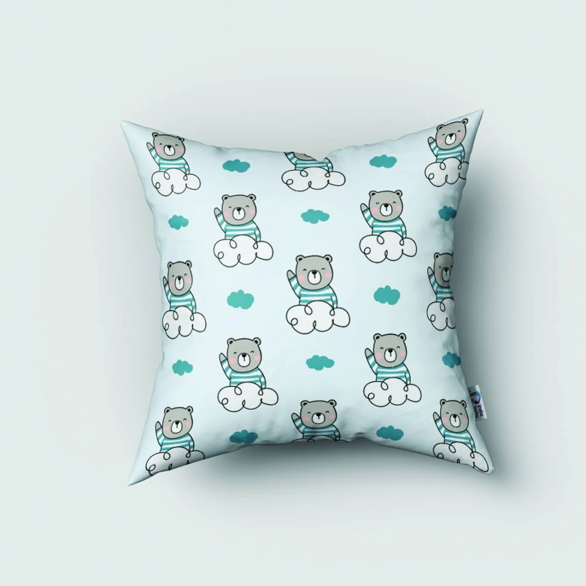 Ayıcık Kırlent Kılıfı | Mavi bulutlar, balon Desenli