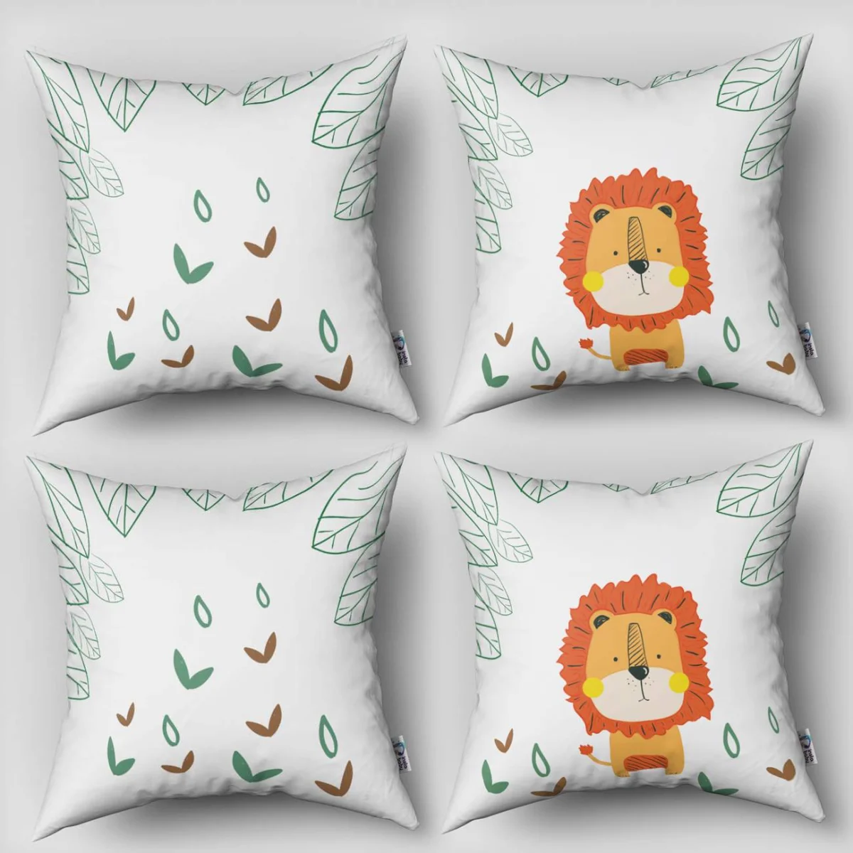 Aslan 4lü Kırlent | Beyaz Yeşil yapraklar, küçük kahverengi ve yeşil yapraklar Desenli