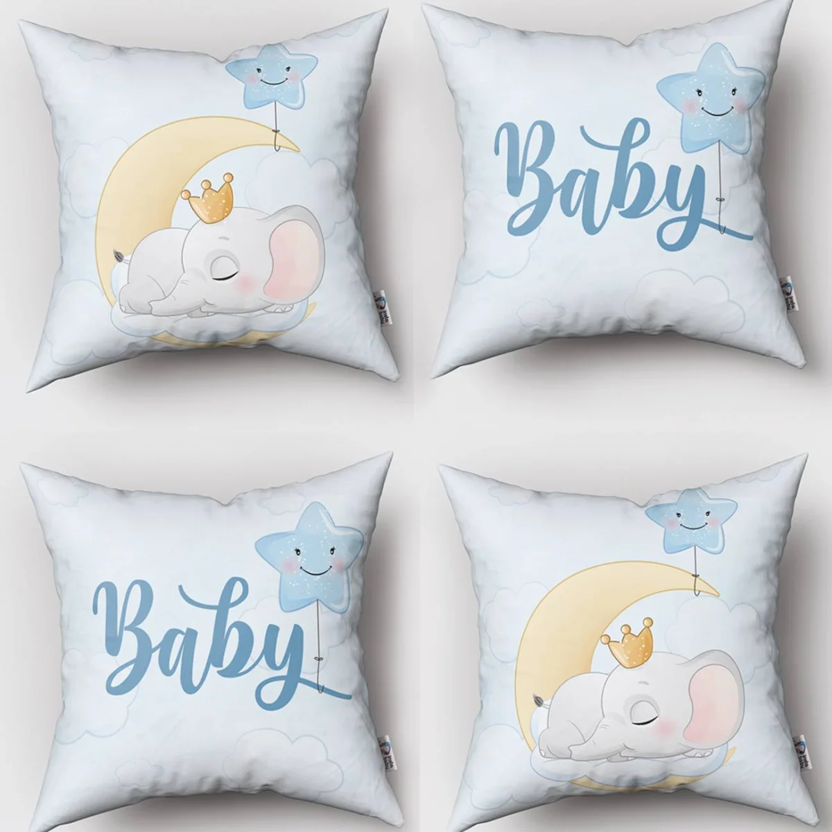 Uyuyan bebek fil, ay 4lü Kırlent | Mavi Taç, bulut Desenli