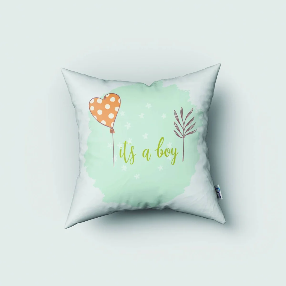 Tavşan Kırlent Kılıfı | Beyaz Kalpli balon, yapraklar Desenli