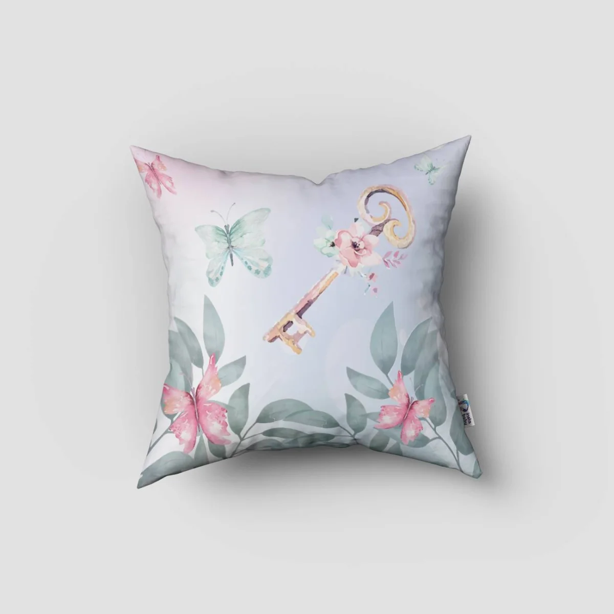 Kelebekler Kırlent Kılıfı | Pembe Yapraklar, çiçekler Desenli