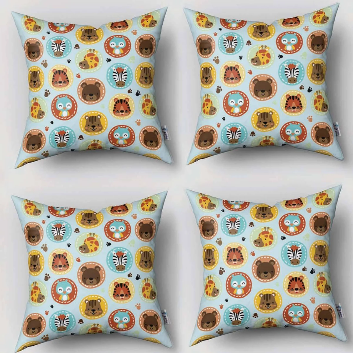 Orman Hayvanları 4lü Kırlent | Mavi pençe izleri, renkli daireler Desenli