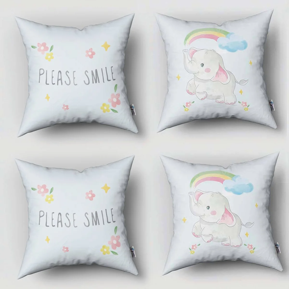 Fil 4lü Kırlent | Açık Mavi gökkuşağı, bulutlar Desenli