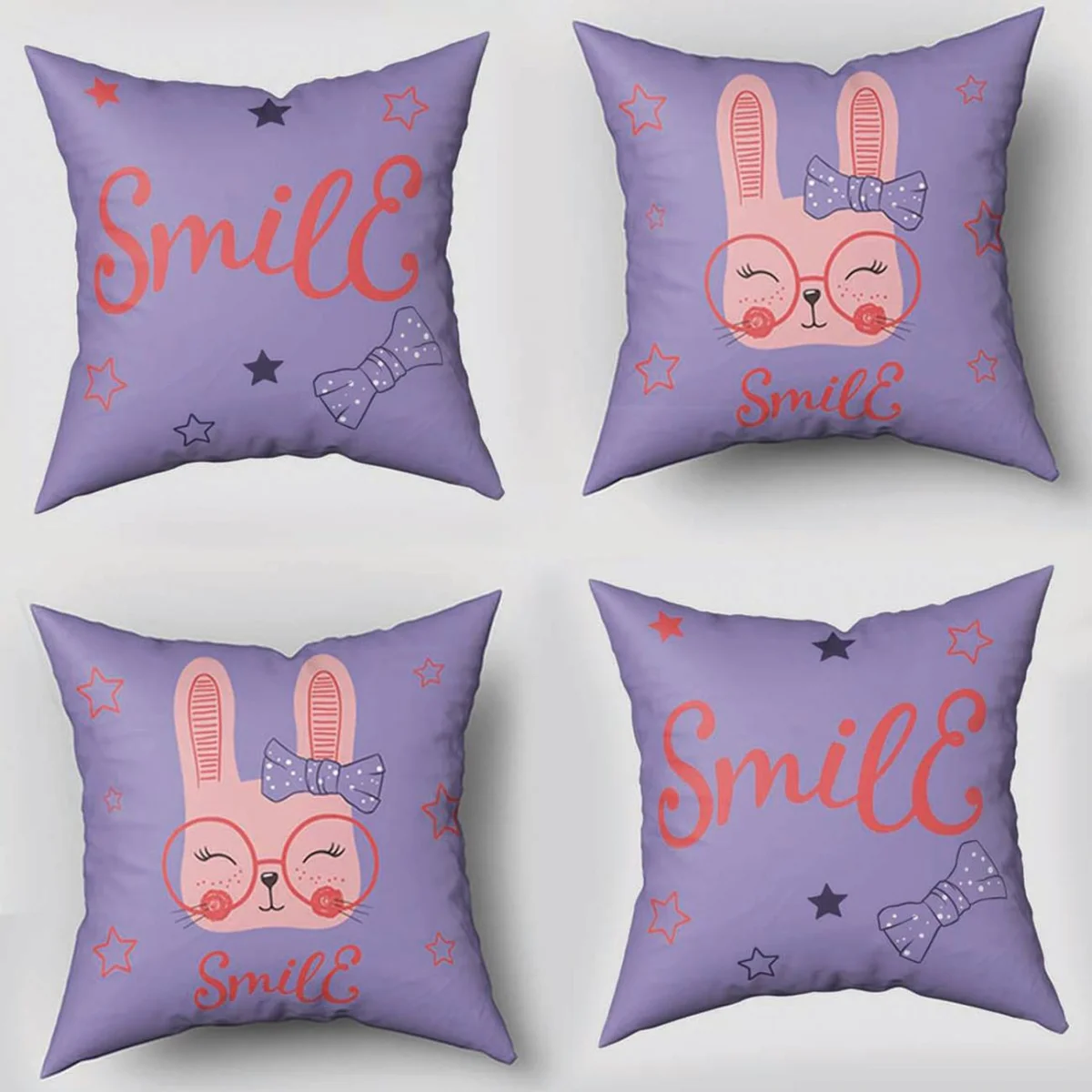 Tavşan 4lü Kırlent | Mor yıldız, Smile yazısı Desenli