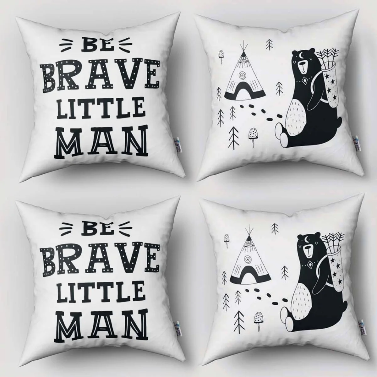 Ayı ve Orman Temalı 4lü Kırlent | Beyaz ayı, çadır Desenli