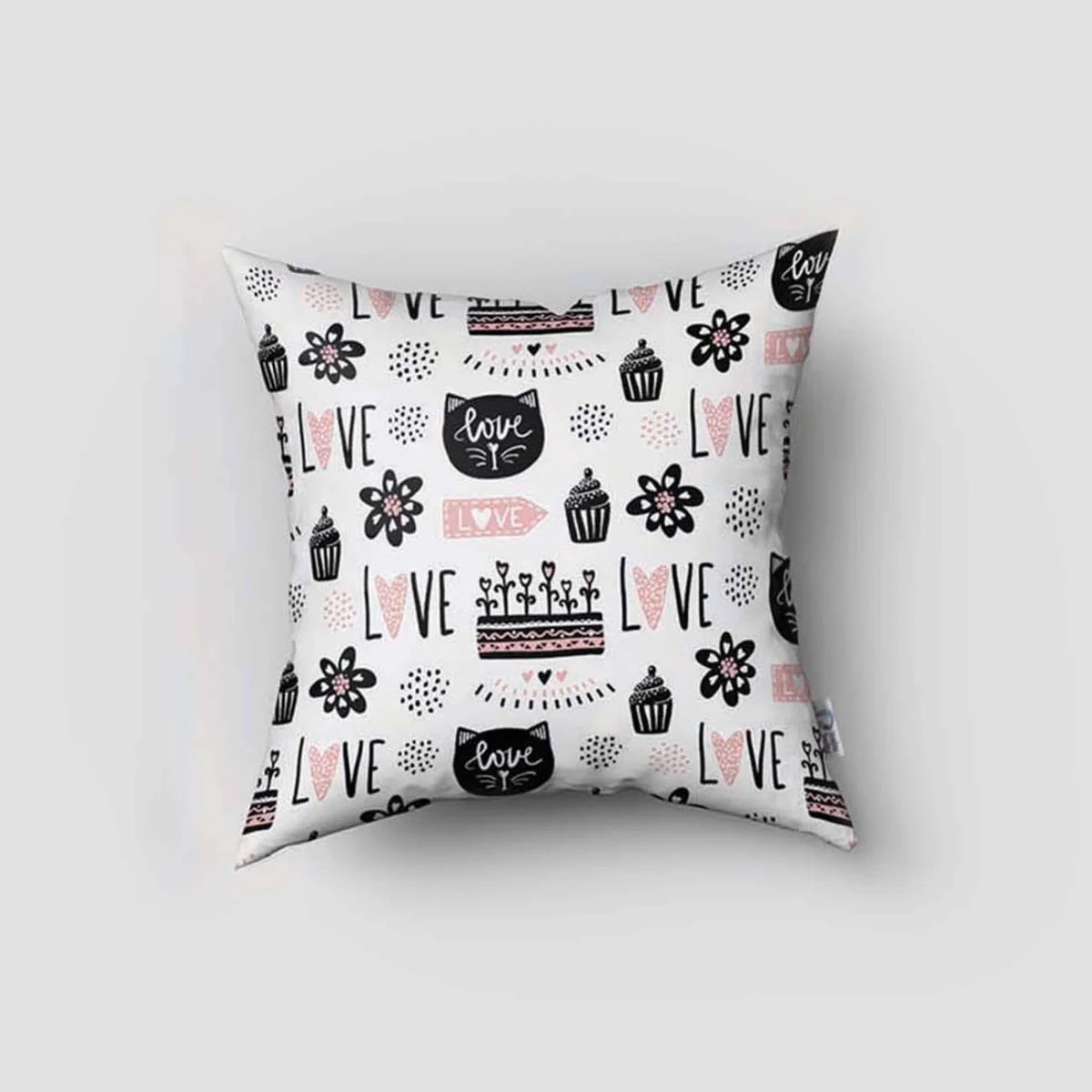 Balerin kız ve kedi Kırlent Kılıfı | Pembe kalpler, fiyonklar Desenli