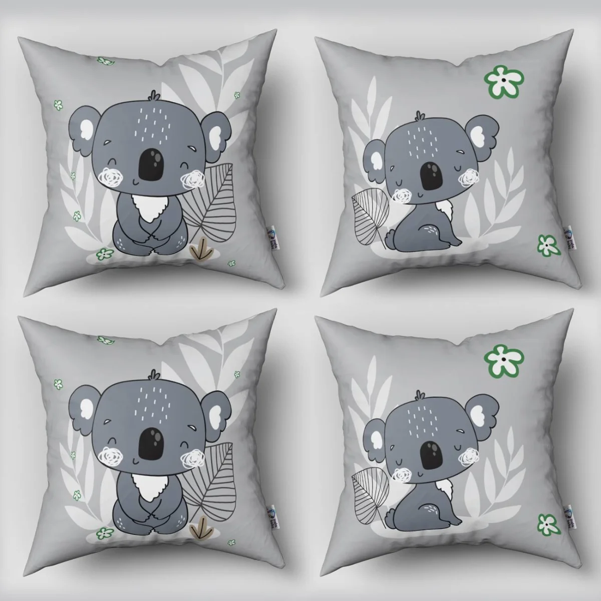 Koala 4lü Kırlent | Gri Yapraklar, küçük yeşil çiçekler Desenli