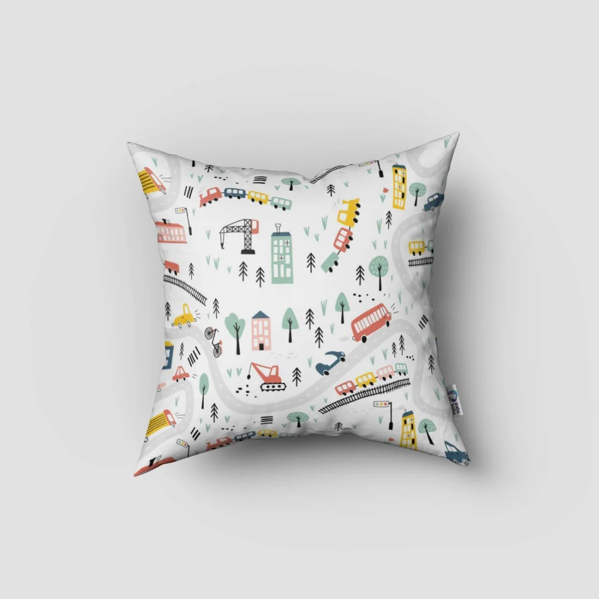 Şehir ve Araçlar Kırlent Kılıfı | Beyaz Yollar, binalar Desenli