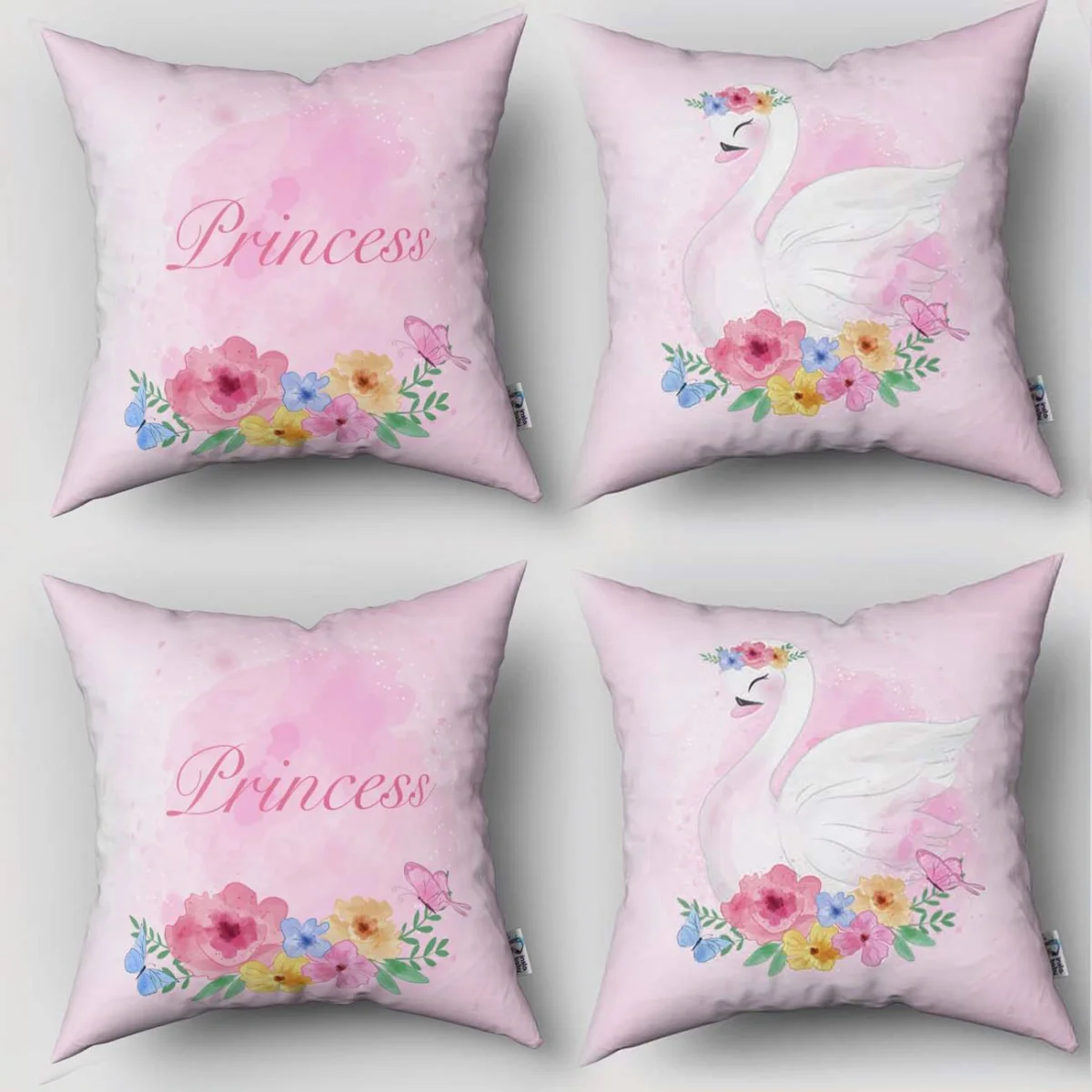 Kuğulu Prenses 4lü Kırlent | Pembe çiçekler, kelebekler Desenli